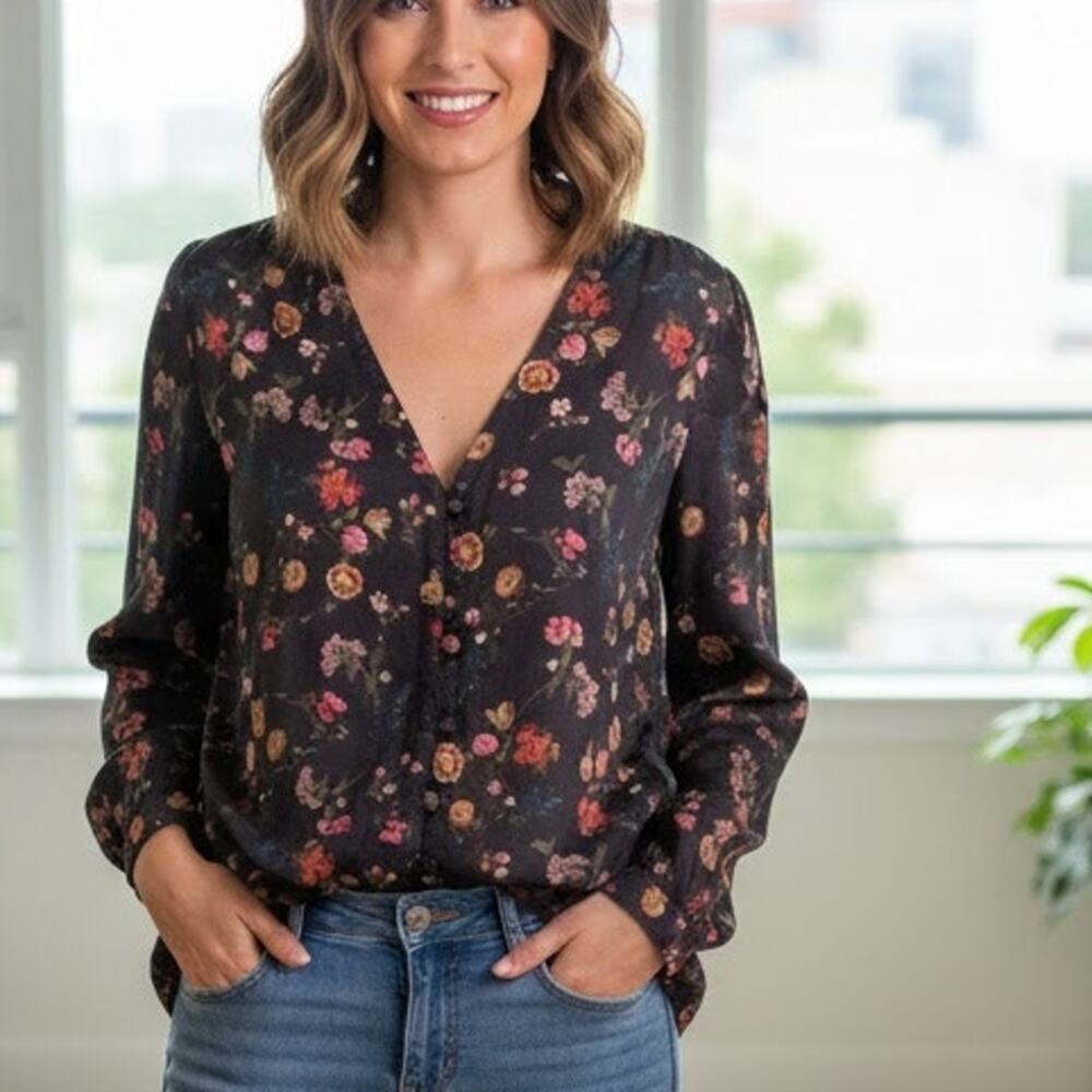 Lucky Brand Modal Button Top Womens Medium Dusty Blue Floral V-Neck Boho Blouse - Picture 1 of 10